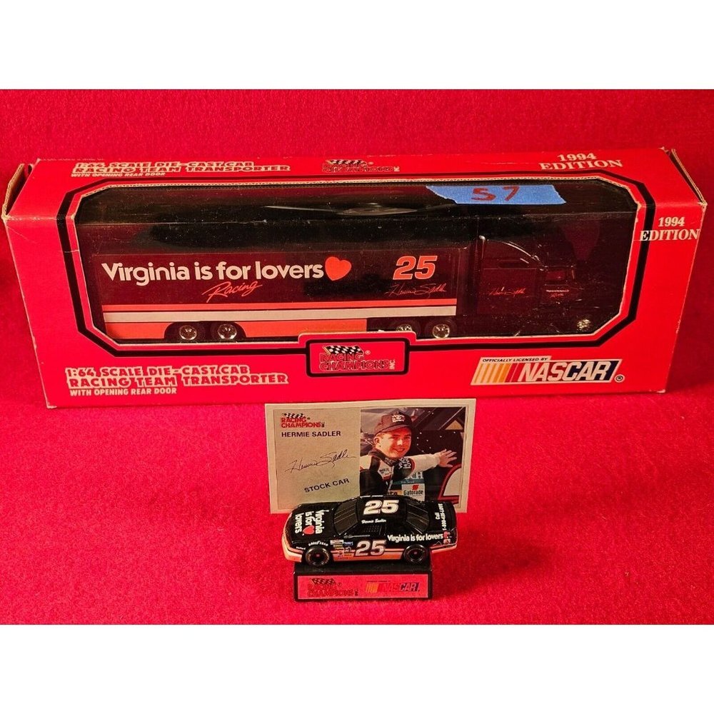 HERMIE SADLER NASCAR TRANSPORTER BUNDLE w/MATCHING STOCKCAR & PLAYER CARD - NIB - Picture 1 of 5